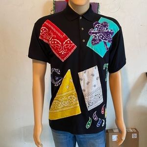 GENUINE THREADZ  BLACK POLO SHIRT WITH PIECES OF BANDANNA SIZE MEDIUM 42-44 inch